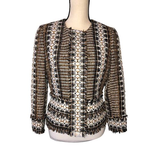 Tory Burch Jessica Tweed Jacket Size 6 Blazer Hidden Snaps Fringe Brown Black - Picture 1 of 9